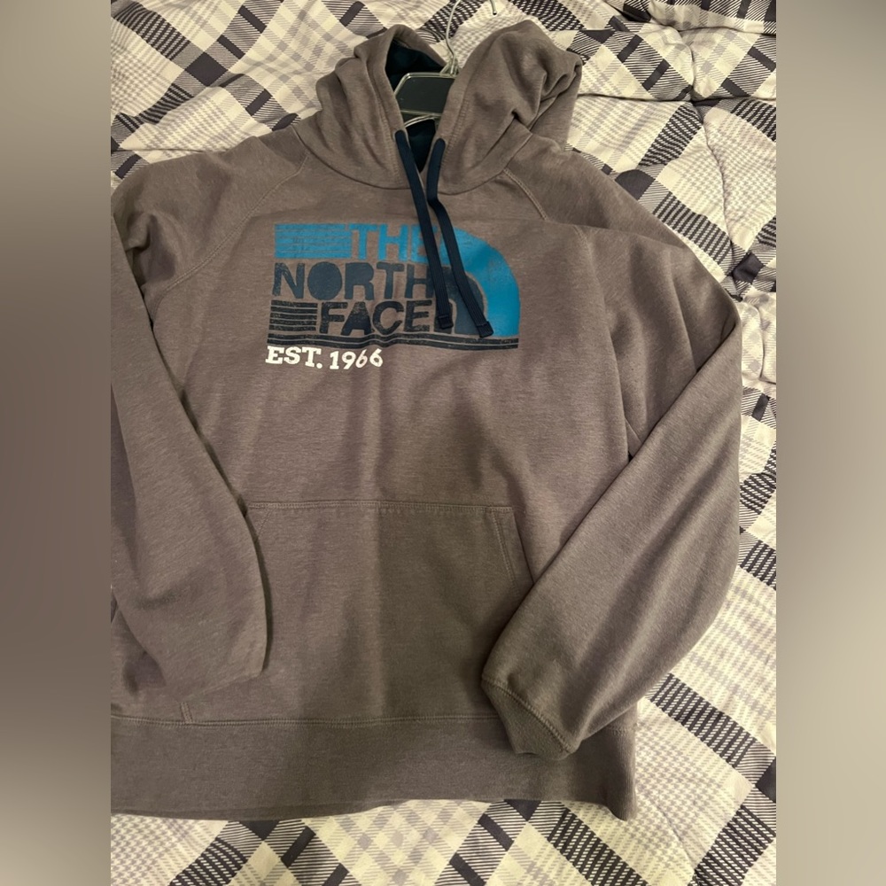 The North Face Oversized Gray Hoodie with Blue Logo